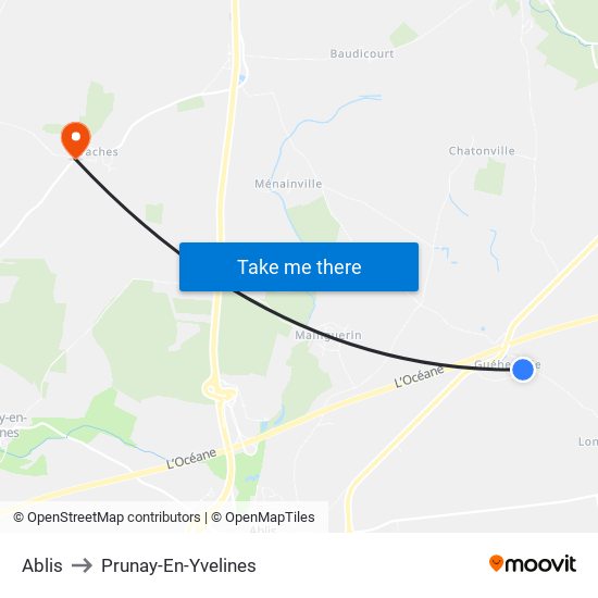 Ablis to Prunay-En-Yvelines map