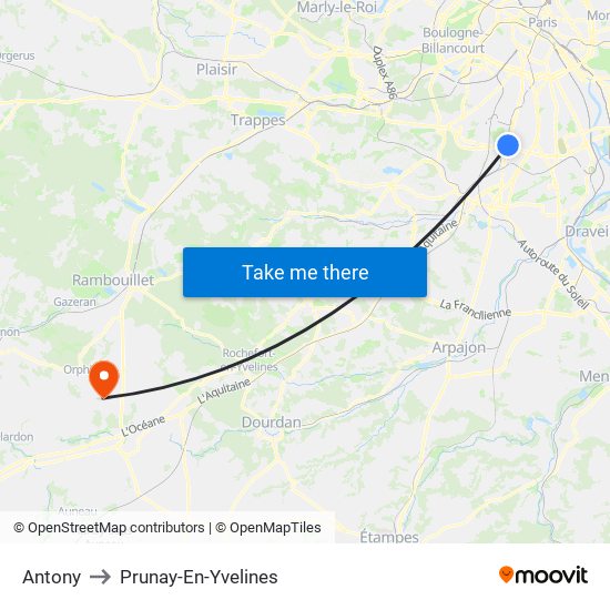 Antony to Prunay-En-Yvelines map