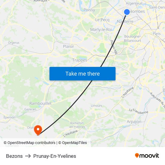 Bezons to Prunay-En-Yvelines map