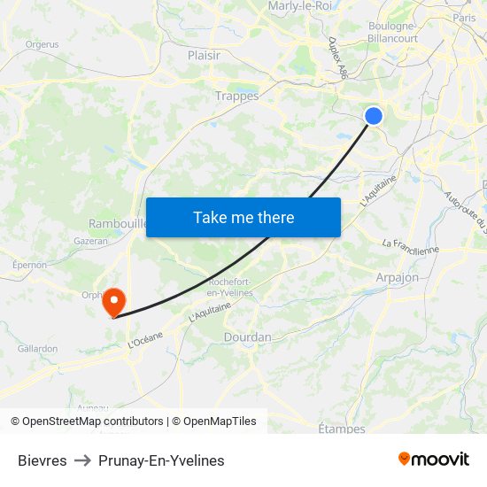 Bievres to Prunay-En-Yvelines map