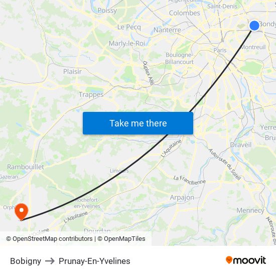 Bobigny to Prunay-En-Yvelines map