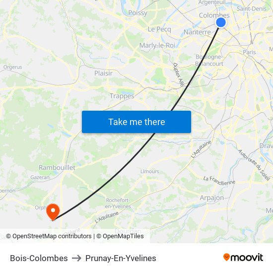 Bois-Colombes to Prunay-En-Yvelines map