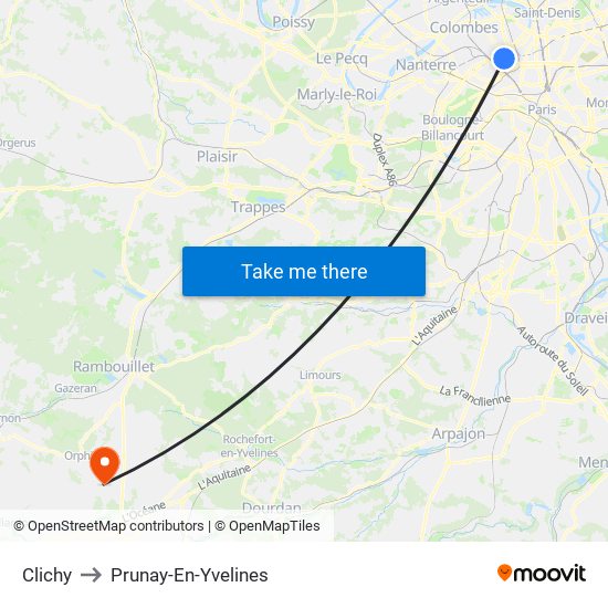 Clichy to Prunay-En-Yvelines map