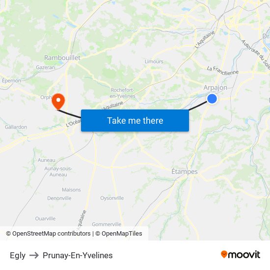 Egly to Prunay-En-Yvelines map