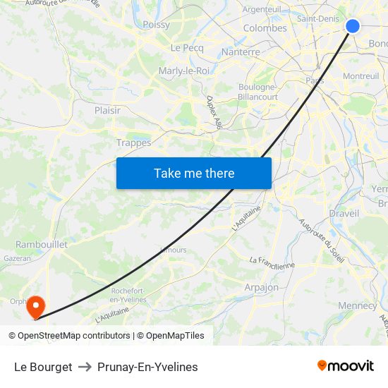 Le Bourget to Prunay-En-Yvelines map