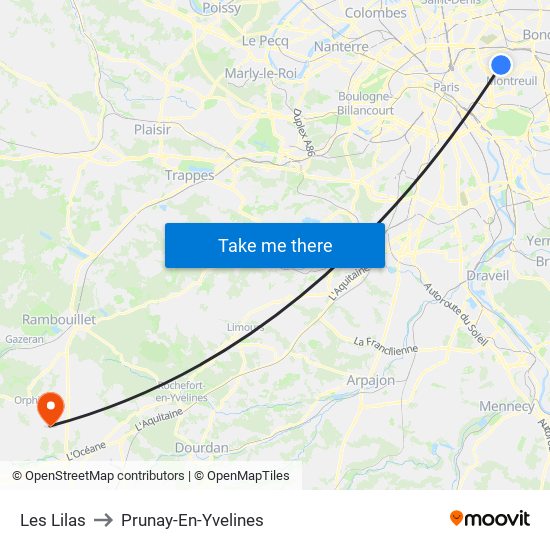 Les Lilas to Prunay-En-Yvelines map