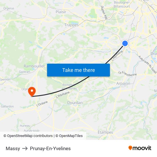Massy to Prunay-En-Yvelines map