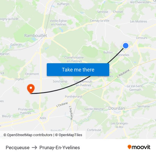 Pecqueuse to Prunay-En-Yvelines map