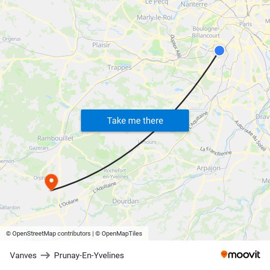 Vanves to Prunay-En-Yvelines map