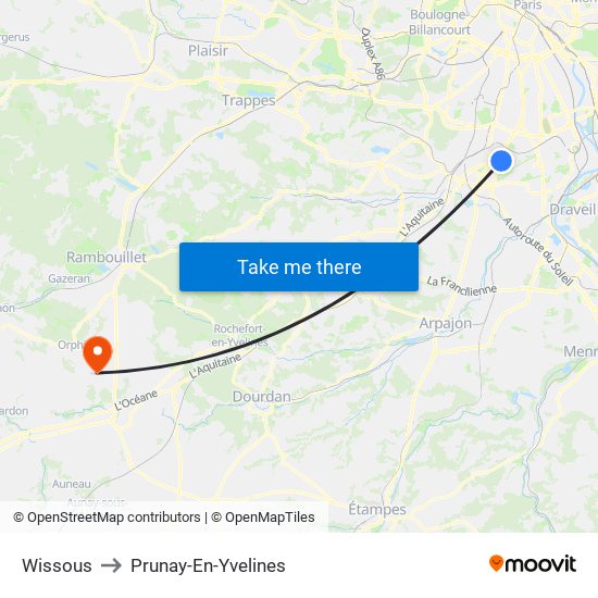 Wissous to Prunay-En-Yvelines map