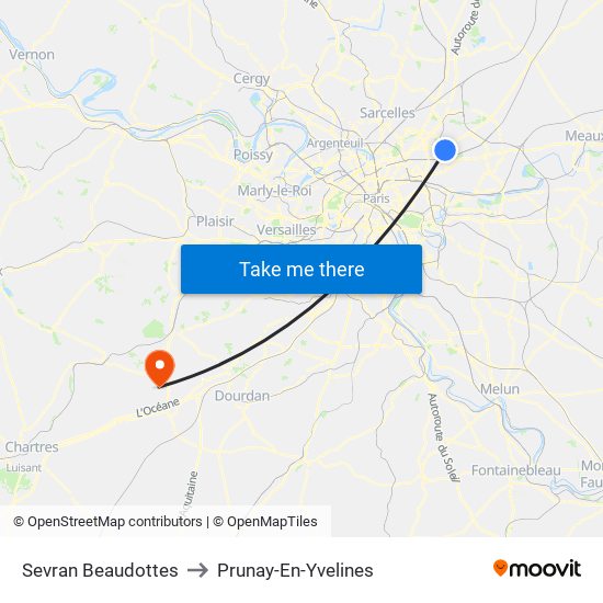 Sevran Beaudottes to Prunay-En-Yvelines map