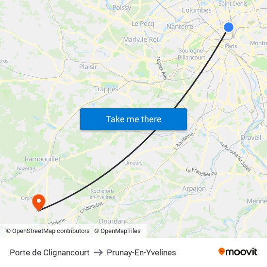 Porte de Clignancourt to Prunay-En-Yvelines map