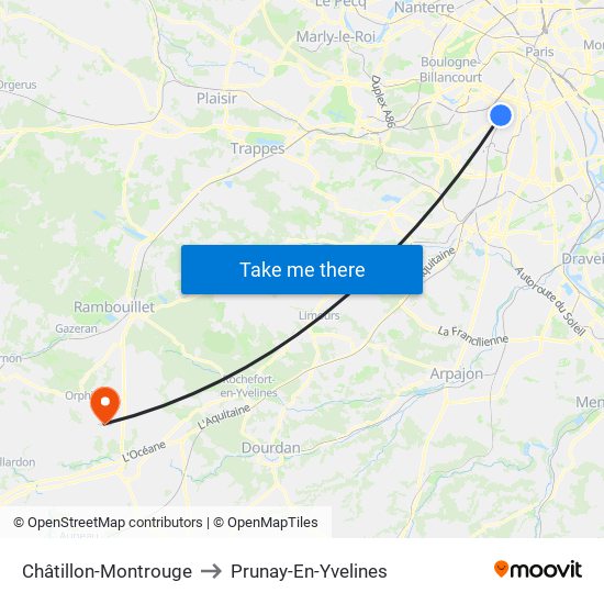 Châtillon-Montrouge to Prunay-En-Yvelines map