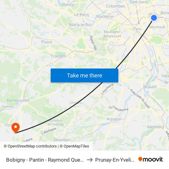 Bobigny - Pantin - Raymond Queneau to Prunay-En-Yvelines map