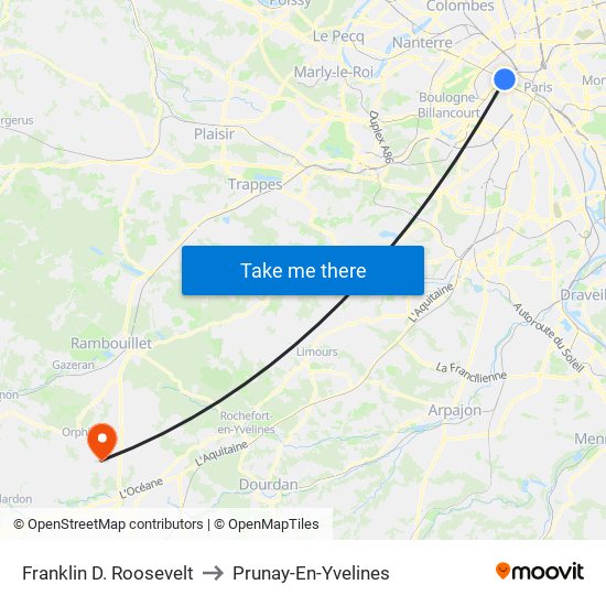 Franklin D. Roosevelt to Prunay-En-Yvelines map
