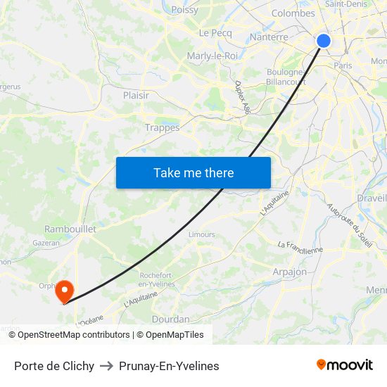 Porte de Clichy to Prunay-En-Yvelines map