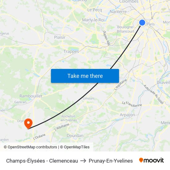 Champs-Élysées - Clemenceau to Prunay-En-Yvelines map