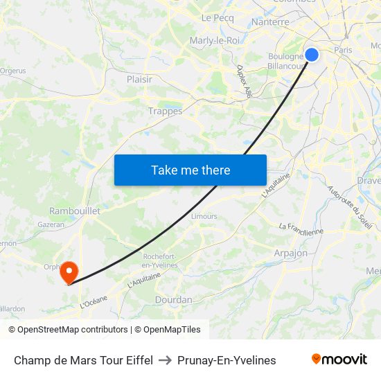 Champ de Mars Tour Eiffel to Prunay-En-Yvelines map