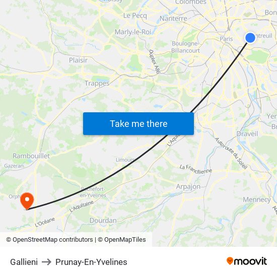 Gallieni to Prunay-En-Yvelines map