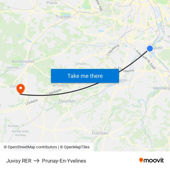 Juvisy RER to Prunay-En-Yvelines map