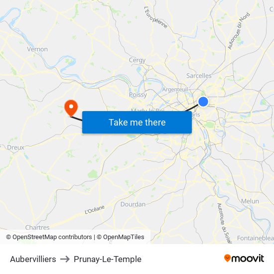 Aubervilliers to Prunay-Le-Temple map