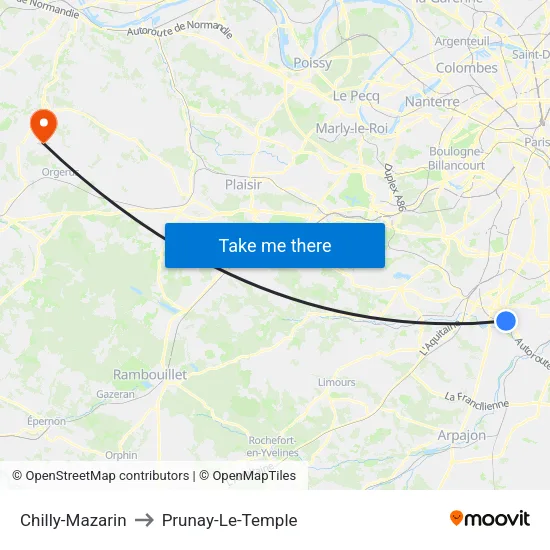 Chilly-Mazarin to Prunay-Le-Temple map