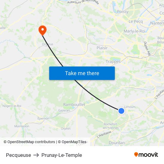 Pecqueuse to Prunay-Le-Temple map