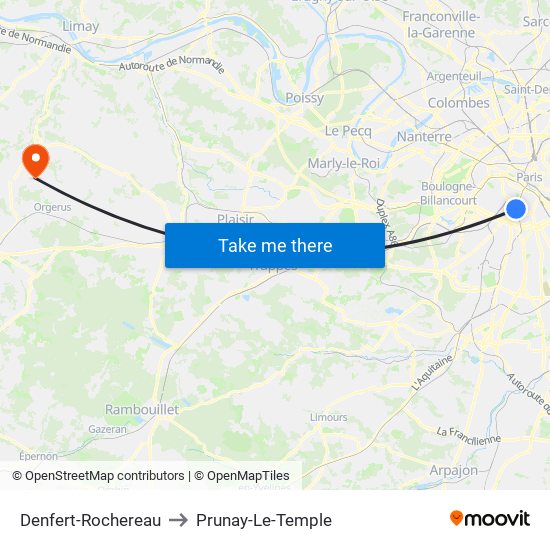 Denfert-Rochereau to Prunay-Le-Temple map