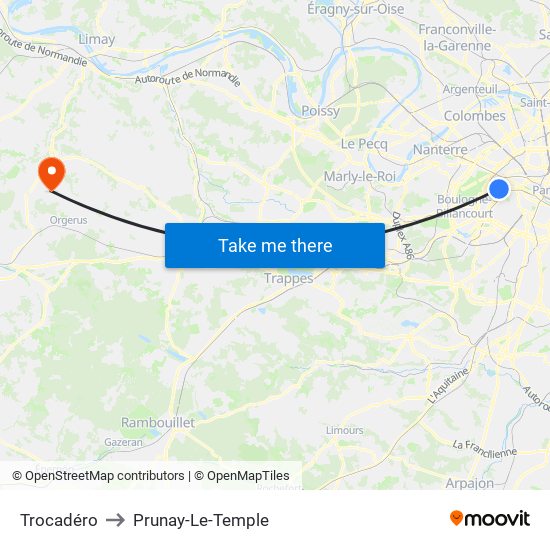 Trocadéro to Prunay-Le-Temple map