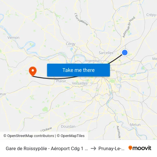 Gare de Roissypôle - Aéroport Cdg 1 (Terminal 3) (G2) to Prunay-Le-Temple map