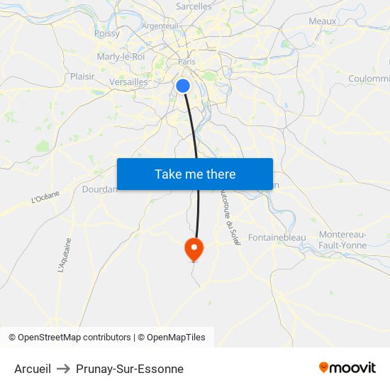 Arcueil to Prunay-Sur-Essonne map