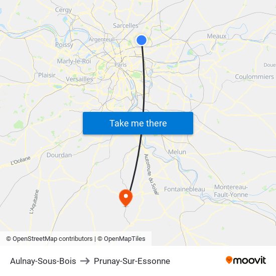 Aulnay-Sous-Bois to Prunay-Sur-Essonne map