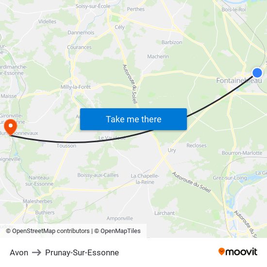 Avon to Prunay-Sur-Essonne map
