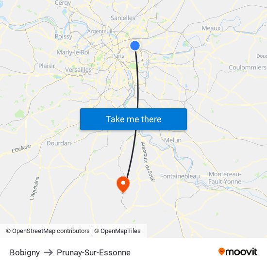 Bobigny to Prunay-Sur-Essonne map