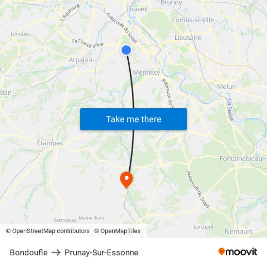 Bondoufle to Prunay-Sur-Essonne map