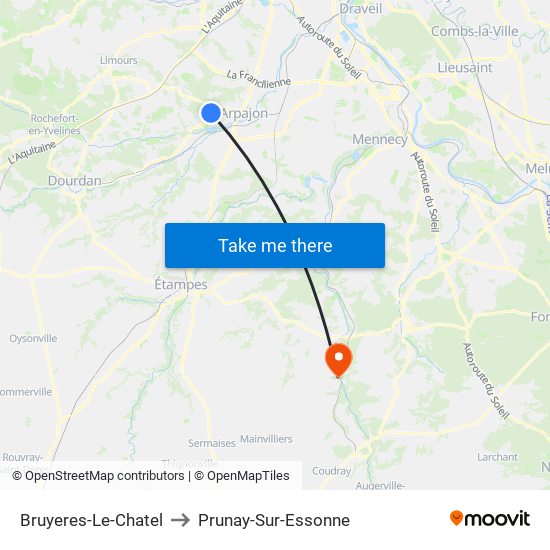 Bruyeres-Le-Chatel to Prunay-Sur-Essonne map