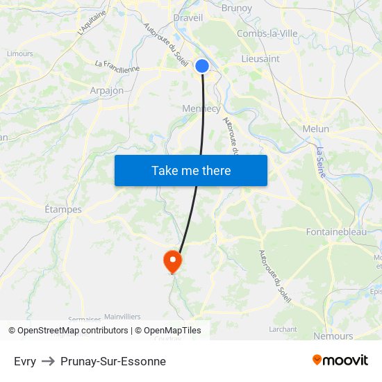 Evry to Prunay-Sur-Essonne map