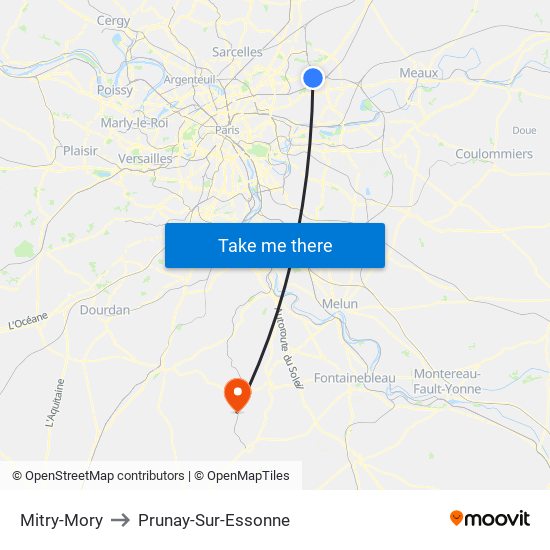 Mitry-Mory to Prunay-Sur-Essonne map