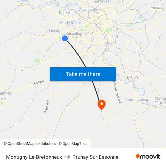 Montigny-Le-Bretonneux to Prunay-Sur-Essonne map