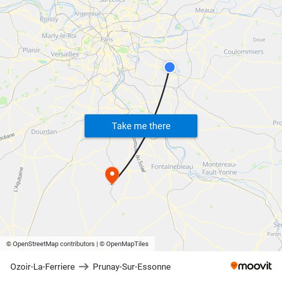 Ozoir-La-Ferriere to Prunay-Sur-Essonne map