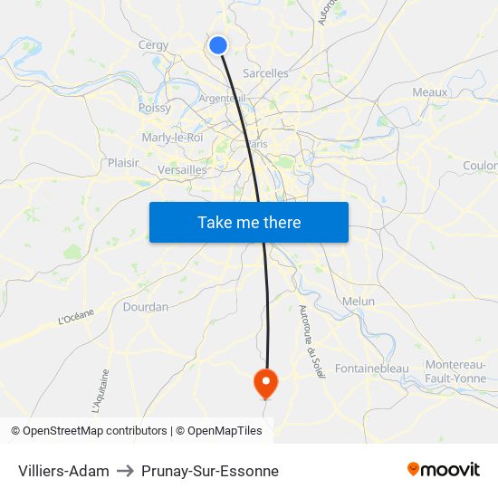 Villiers-Adam to Prunay-Sur-Essonne map