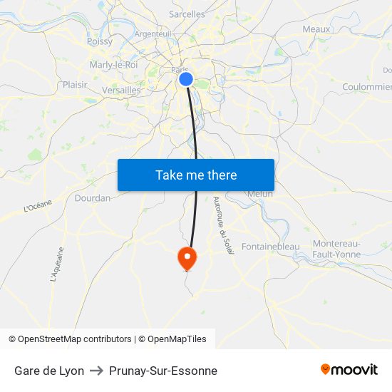 Gare de Lyon to Prunay-Sur-Essonne map