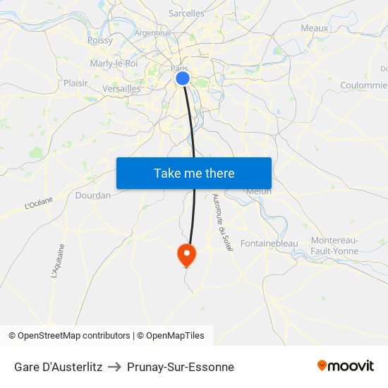 Gare D'Austerlitz to Prunay-Sur-Essonne map