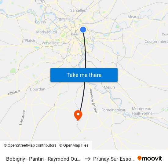 Bobigny - Pantin - Raymond Queneau to Prunay-Sur-Essonne map