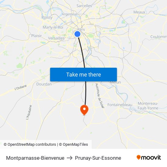 Montparnasse-Bienvenue to Prunay-Sur-Essonne map