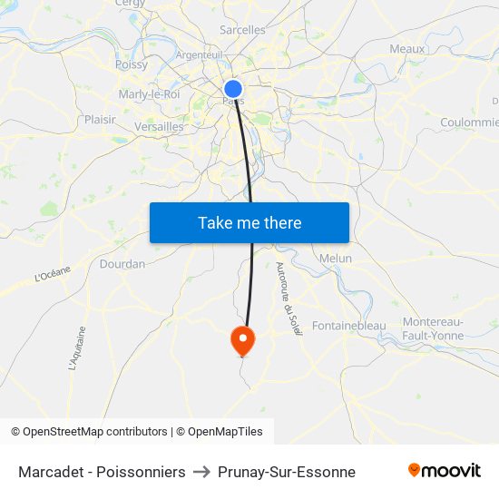 Marcadet - Poissonniers to Prunay-Sur-Essonne map