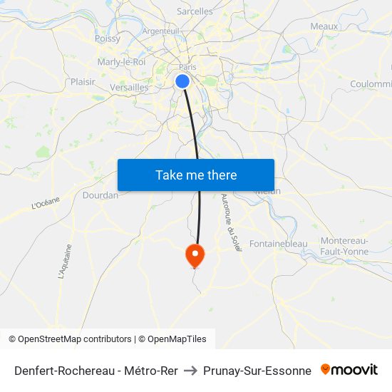 Denfert-Rochereau - Métro-Rer to Prunay-Sur-Essonne map
