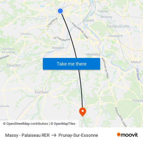 Massy - Palaiseau RER to Prunay-Sur-Essonne map