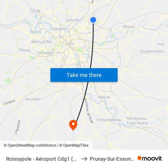 Roissypole - Aéroport Cdg1 (E2) to Prunay-Sur-Essonne map