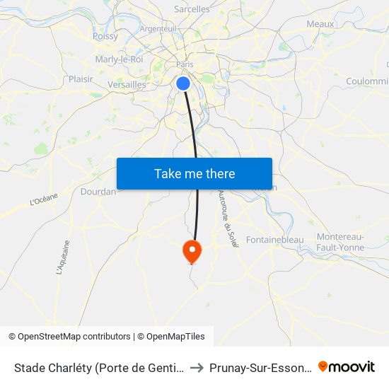 Stade Charléty (Porte de Gentilly) to Prunay-Sur-Essonne map